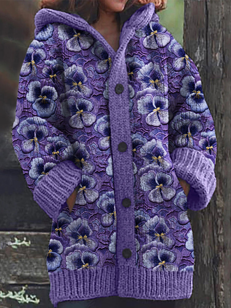 Lilla hættecardigan med stedmoderblomst broderi og blødt look