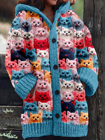 Farverig Forår Katte Mønster Cozy Hættetrøje Cardigan