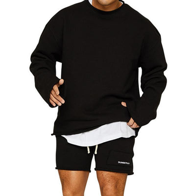 Herre Mode Ensfarvet Løs Rullet Sweatshirt Shorts Sæt